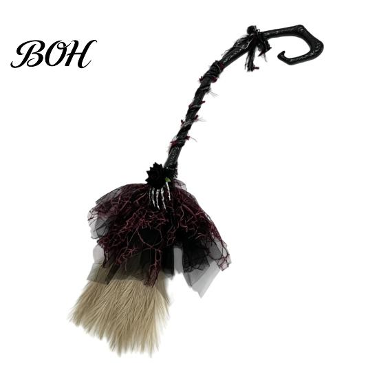 Halloween Theme Party Supplies Witch Broom, Black Tulle Cosplay Costume, Gothic Costume Prop Rose Skeleton Hand Broomstick for Party, Home Decor