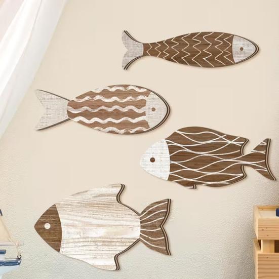 4Pcs/Set Vintage Wooden Fish Wall Decoration School of Fish Lake Beach House Bathroom Coastal Wall Art Nautical Ocean Theme Hanging Ornament