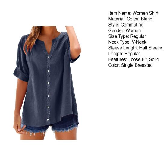 Women Shirt V-Neck Half Sleeve Buttons Placket Shirt Solid Color Loose Fit Summer Casual