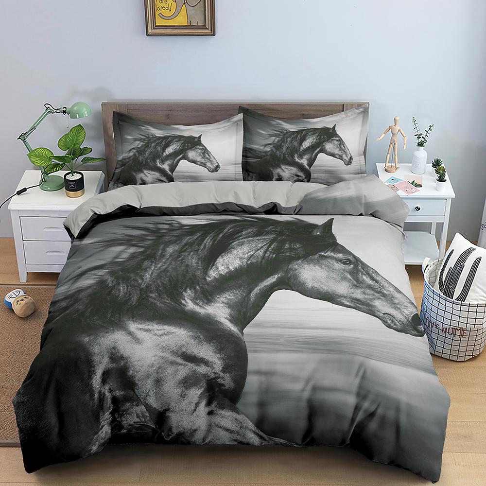 3D Horse Duvet Cover King Queen Size Black White Thoroughbreds Bedding Set For Teens Adults Animal 2/3pcs Polyester Quilt Cover