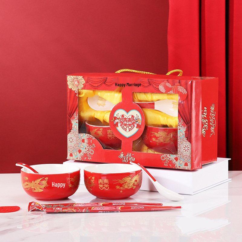 ZISIZ Wedding Ceramic Bowl & Chopstick Gift Set