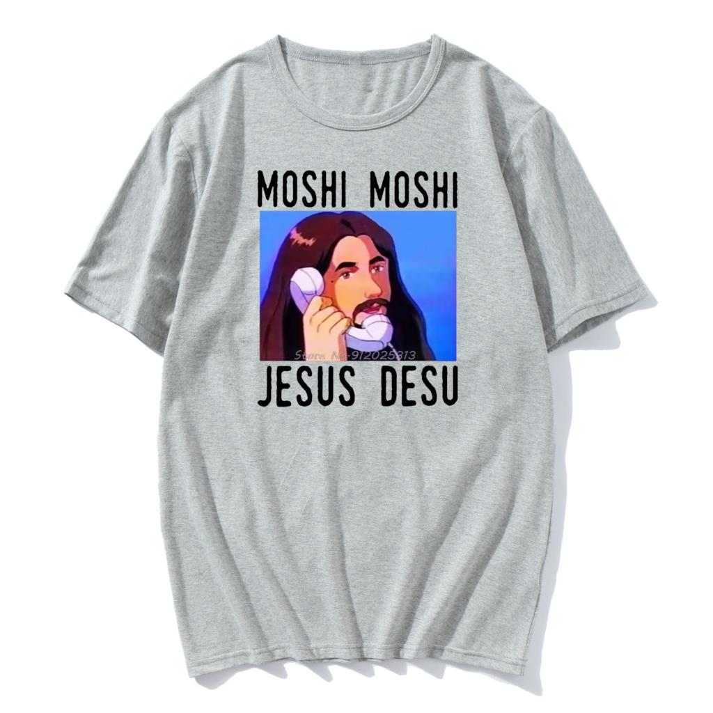 

Moshi Moshi Jesus Desu Funny Oversized T-shirt Men T Shirt Black Cotton Men Shirt Fashion T-shirt Men Cotton Harajuku Tshirt S