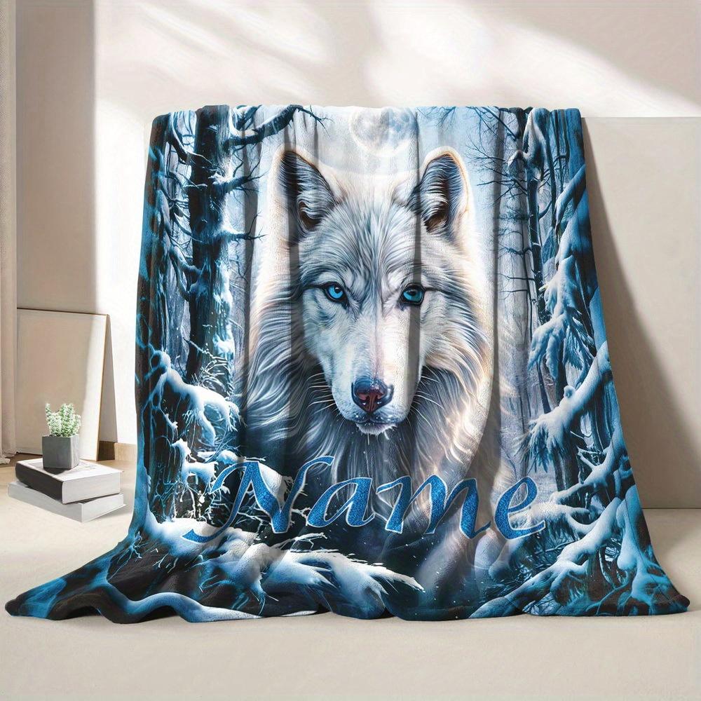 1 Customized Wolf Themed Blanket with Personalized Name, Soft Flannel Material, Winter Forest Design, Moon and Snowflakes