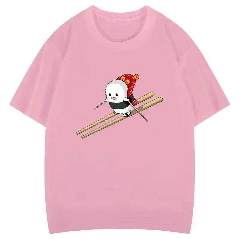Lustiges Sushi Ski Cartoon Grafik T-Shirt Kreativ Beliebt Mode Ästhetik Druck Oberteile Gothic Hipster Lässig Streetwear Damen