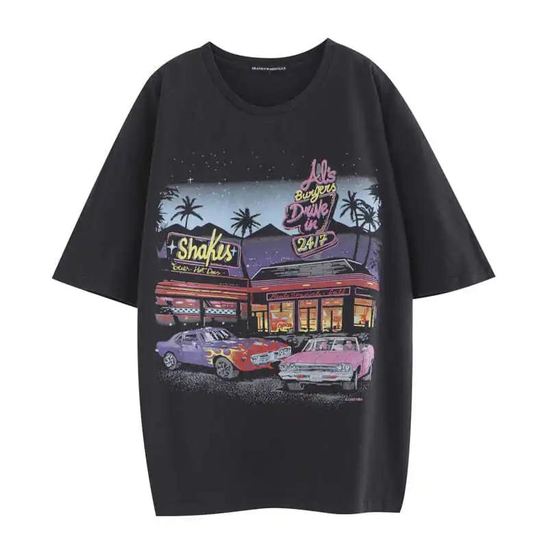 Motel Print Shortsleeved Womens Top Tshirt Loose Retro Trendy Oversize Tee M