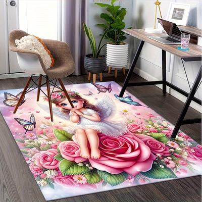 Alfombra de Oficina Ángel Guardián Angélico con Flores y Mariposas Alfombra para Sofá, Protector de Alfombrilla para Silla Protec