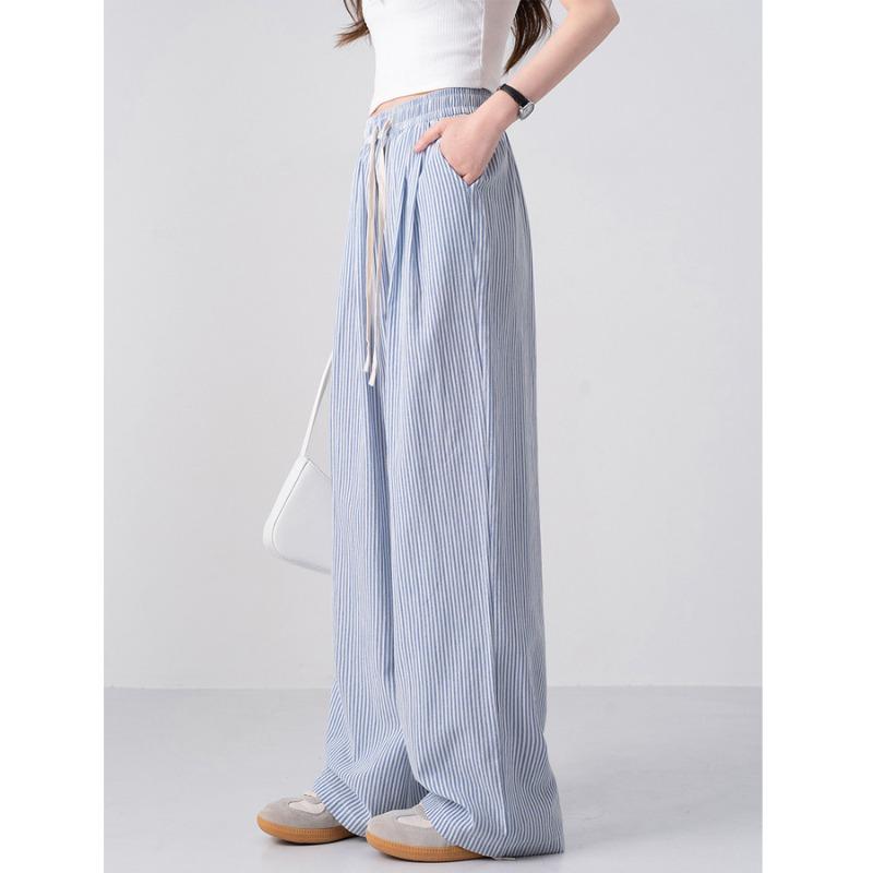 Wide Leg Pants High Waist Blue Striped Summer New Drawstring Mopping Casual Versatile Sports Trousers