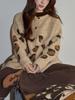 Women's Khaki Leopard Print Wool Knit Cardigan - Maillard Style Autumn Winter Sweater.