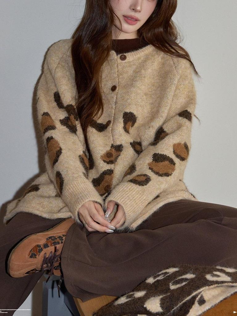 Women's Khaki Leopard Print Wool Knit Cardigan - Maillard Style Autumn Winter Sweater.