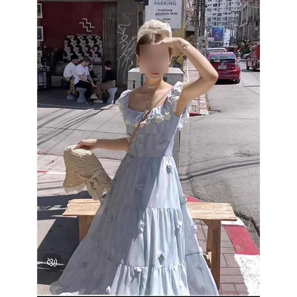 Girls three-dimensional flower flying sleeve dress women's summer casual new waist A character thin sweet long skirt