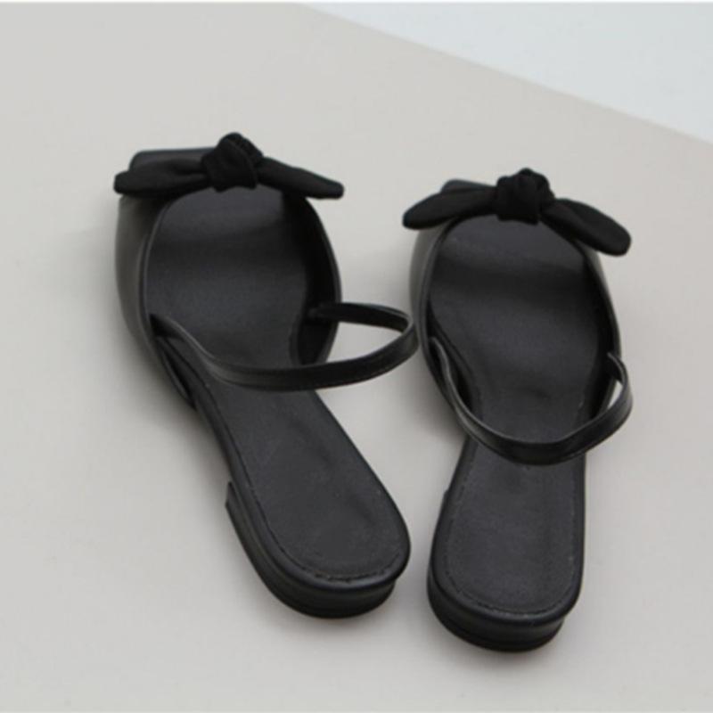 French velvet green square head with open-toed sandals women's summer bow flat low-heeled cool slippers