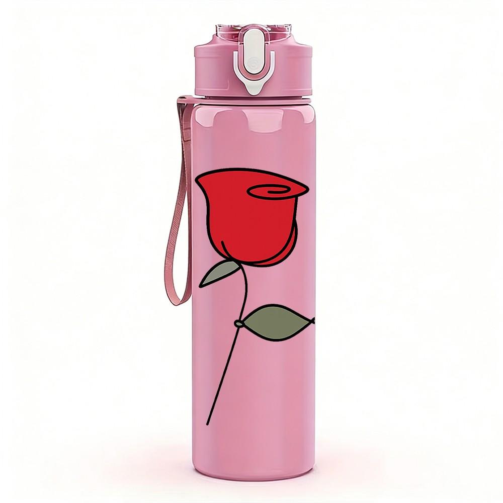 1PC Single Red Rose Line Drawing 750ml Color Plastic Sports Water Bottle Leakproof Flip Straw Lid Suitable for Sports Office Home Use
