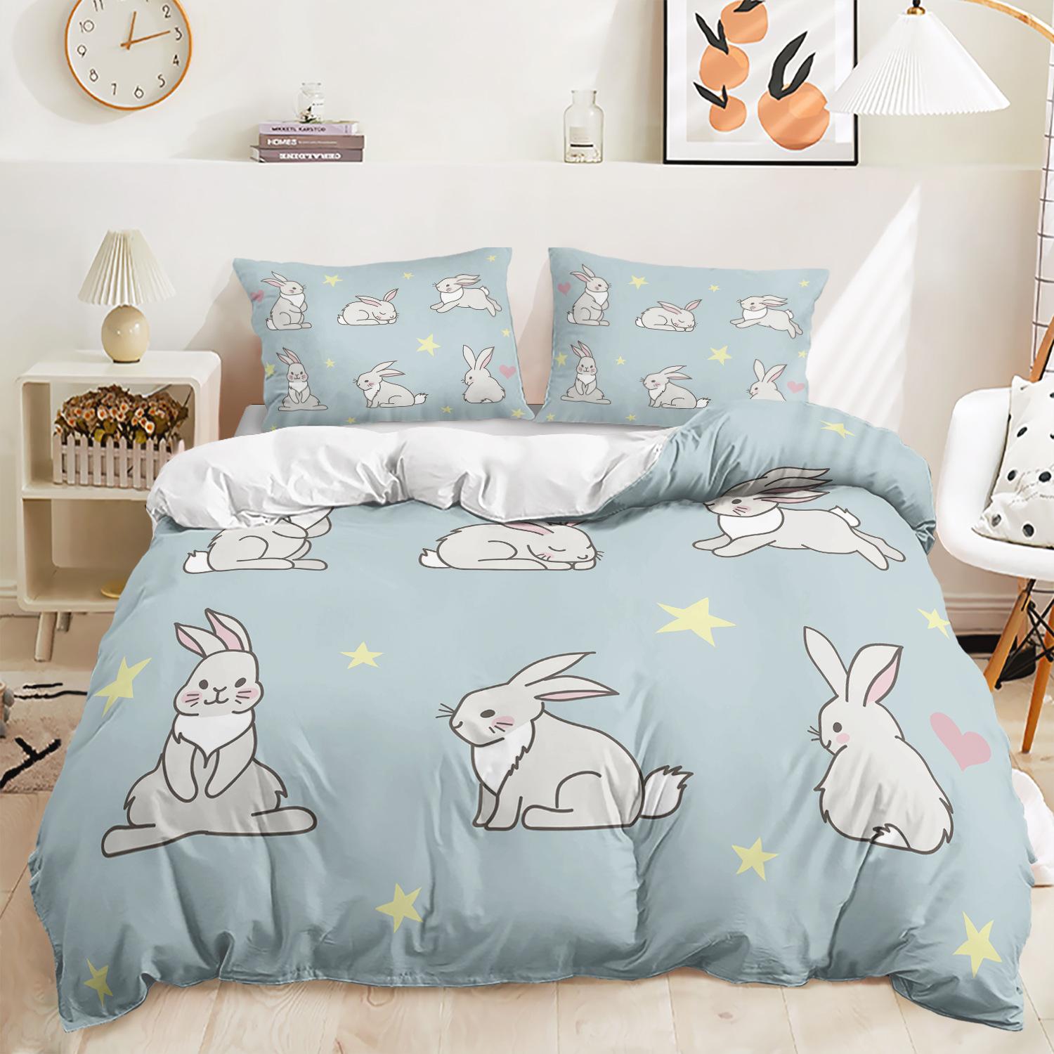 Bed Three-Piece Illustration Cartoon Bunny Quilt Cover 3D Digital Printing Kit 135 * 200 (two-piece set) 90g