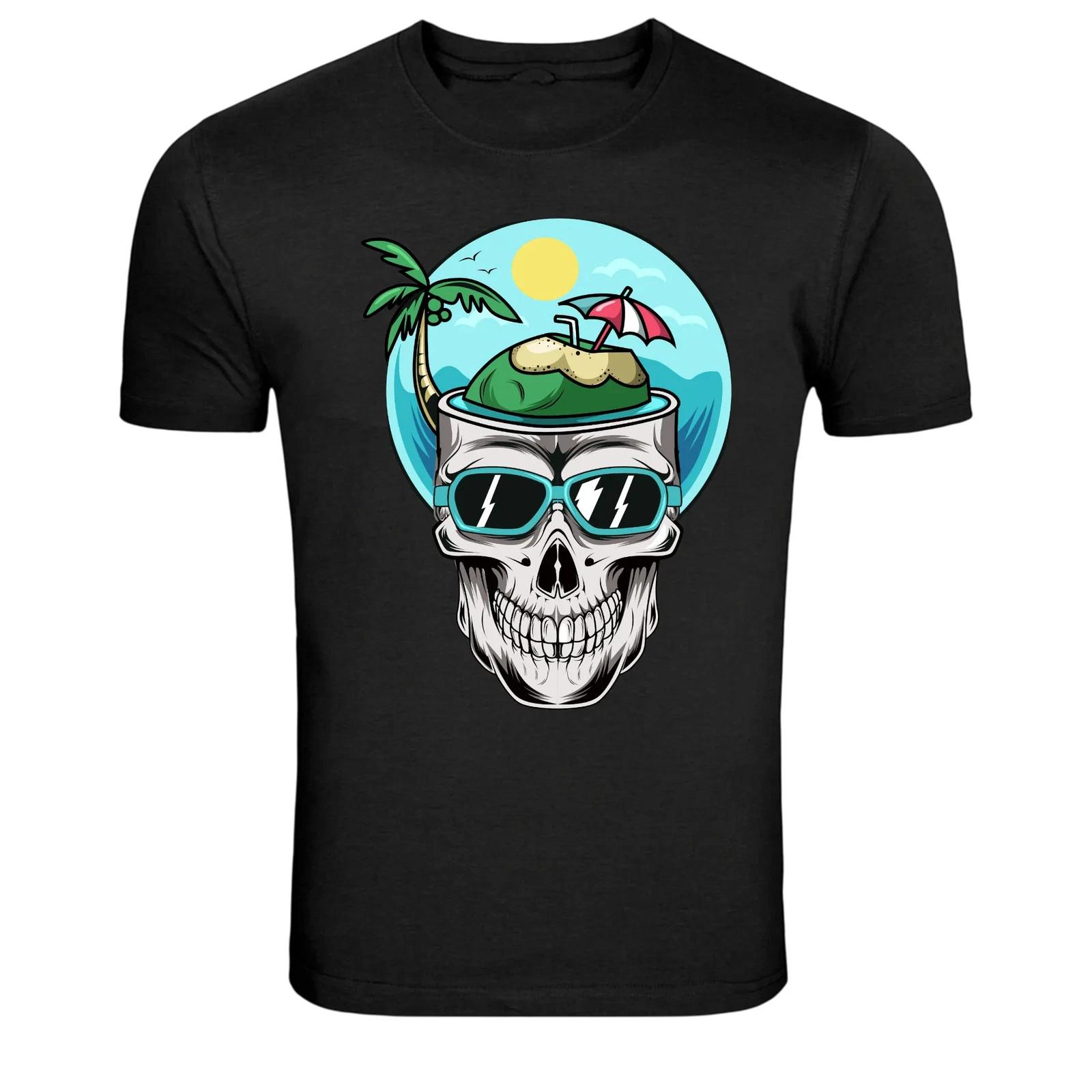 Tropical Skull Waves Sunset Summer Vibes Graphic T-Shirt S