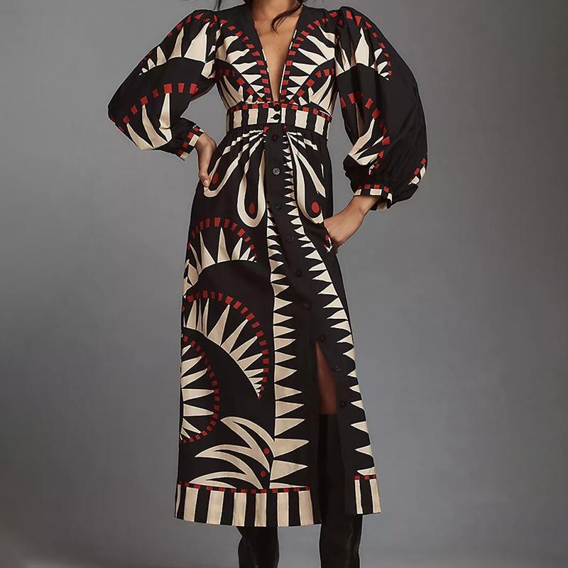 

YYFS Женская мода весна осень геометрический принт с длинным рукавом и v-образным вырезом с высокой талией повседневные платья XXXL