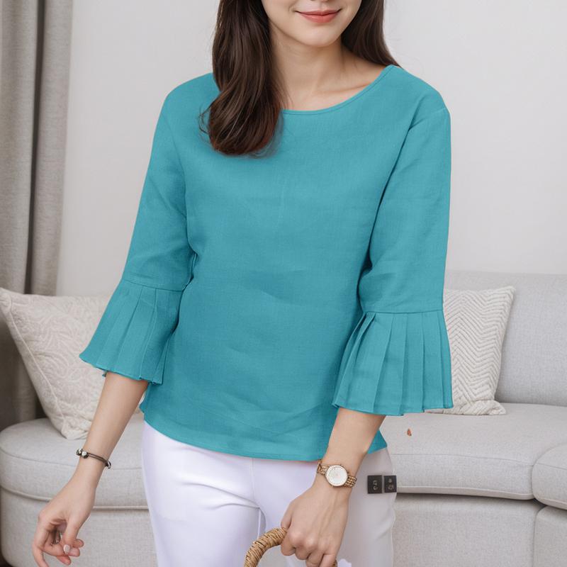 

ZANZEA Женская повседневная блузка с круглым вырезом, свободного кроя, однотонная, с рукавами 3/4 L синий