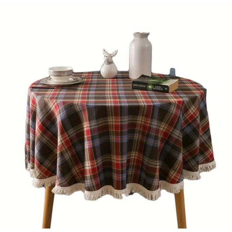 Cotton Christmas Plaid Tablecloth, Soft Plaid Tassel Tablecloth, Washable Round Tablecloth, Christmas Decoration
