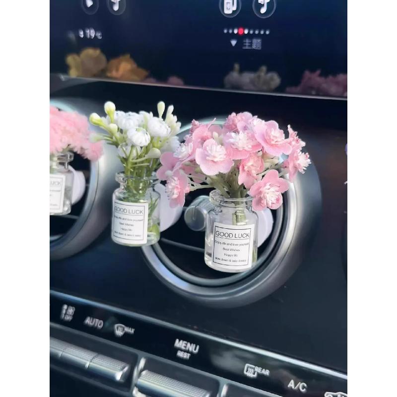 Car Center Console Air Outlet Simulated Flower Clips Ornaments Babysbreath Jasmine Glass Vase Ornaments For Girls Decorations