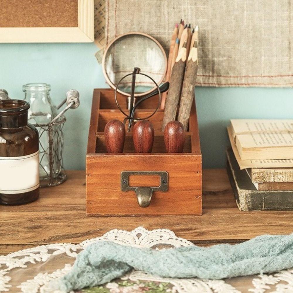 Vintage Style Desktop Storage Box Wooden Makeup Brush Holder Durable Desktop Stationery Box  Vanity