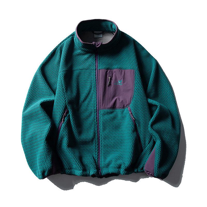 Unisex Outdoor Color Block Fleece Hiking Jacket with Stand Collar
