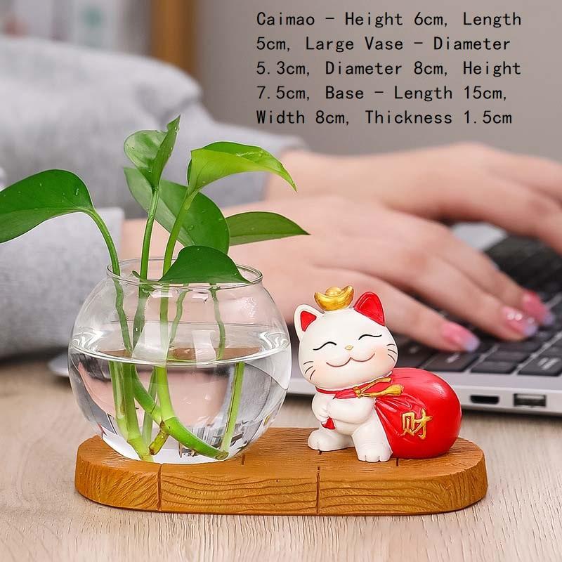 Zhaocai Cat Hydroponic Creative Vase Utensils Vase Living Room Office Desktop Decoration Zhaocai Cat Green Rose Hydroponic