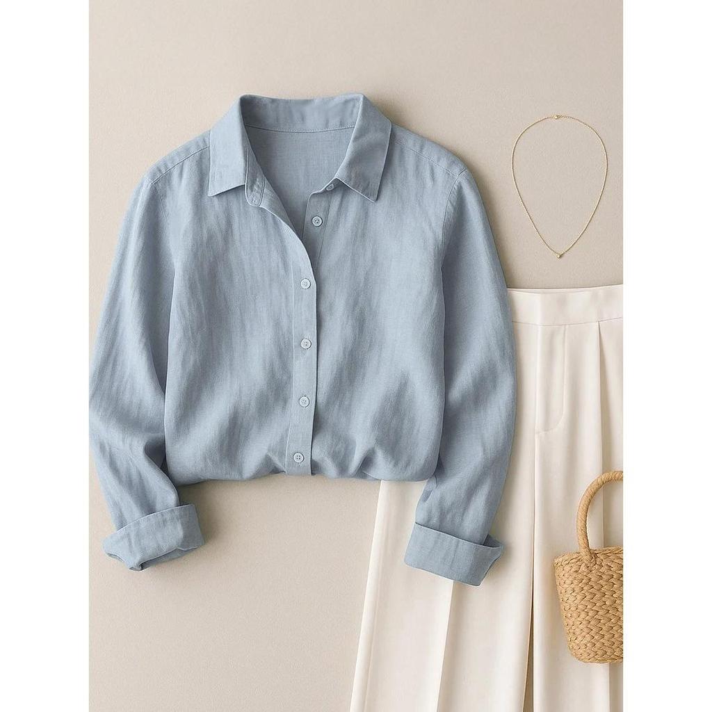Women's French Casual Cotton Linen Long Sleeve Shirt - Spring/Autumn Collection