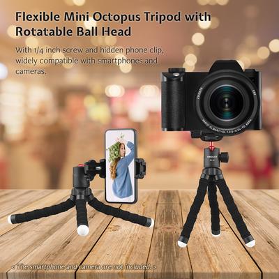 KINGJOY KT 500+BD 50 Flexibles Mini-Oktopus-Stativ Drehbarer Kugelkopf mit Verstellbarer Kaltlichtschuh Versteckte Handy-Klammer 1 4
