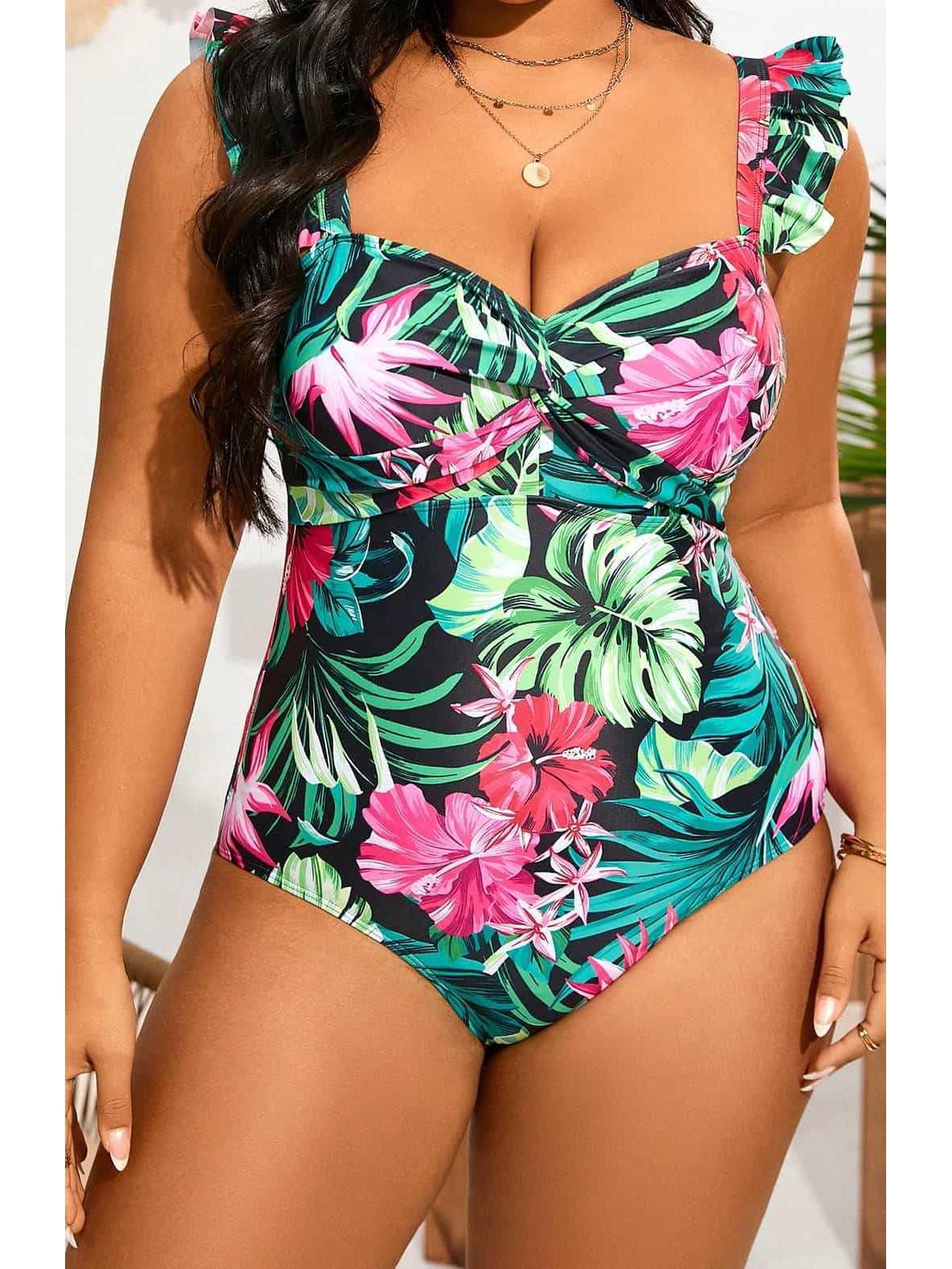 

2025 Европейский и американский стиль Большой размер Сексуальное бикини с принтом без спинки и с присборенным разделенным дизайном 3XL