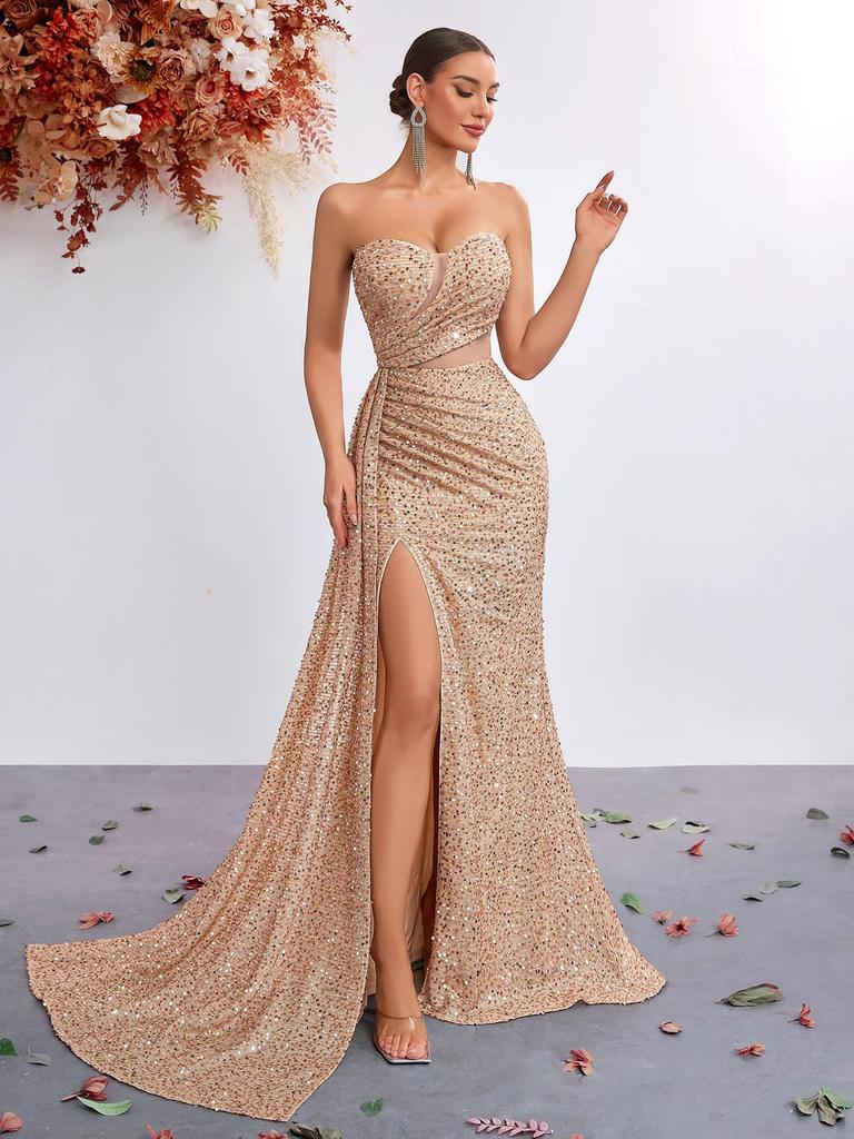 Sequined Strapless High-Waisted Mermaid Evening Gown