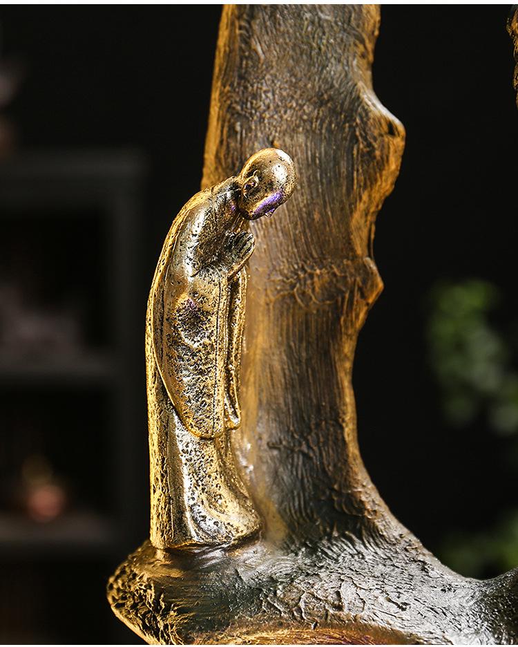 Zen Guanyin Buddha Statue with Golden Cicada Lamp and Flowing Water Fish Tank for Home Entrances.