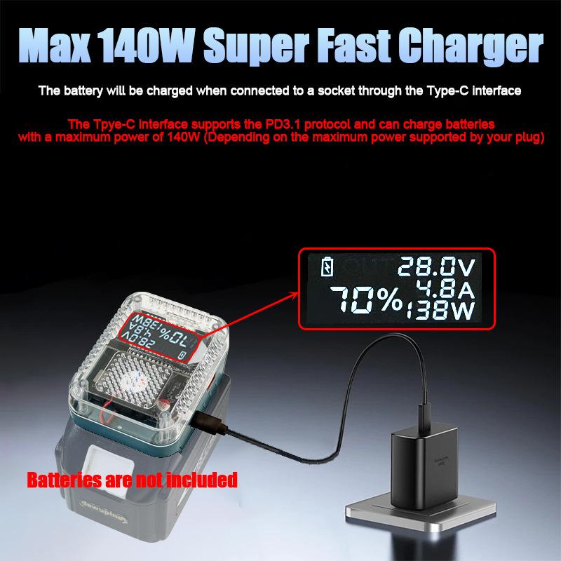 Li-Ion Battery Adapter Converter Digital Display Adapter Usb Type-C Power Supply 140W Pd3.1 For Makita Li-Ion Battery Charger