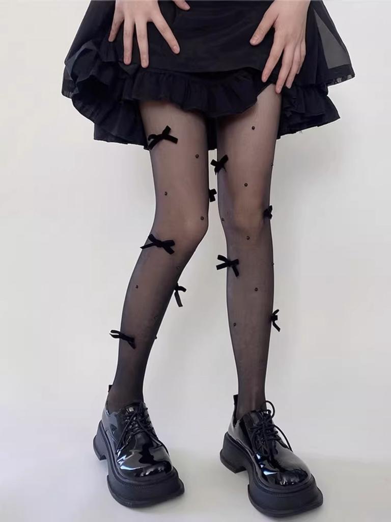 Spring And Autumn Thin White Stockings Children'S Japanese Ballet Style White Bow Pearl Pantyhose Pure Versatile Black Silk
