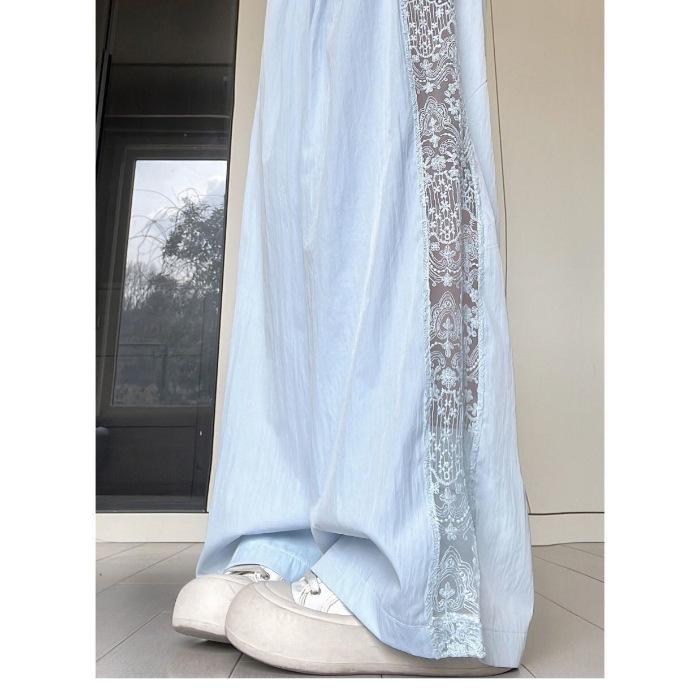 

Кружевные вставки, ажурные, широкие брюки, женские, летние, с высокой посадкой, с чувством дизайна, свободные, тонкие, драпирующиеся, повседневные брюки S небесно-голубой