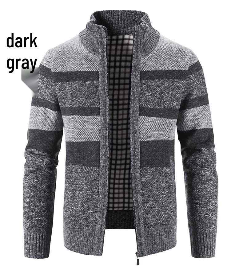 2024 Men's Stand Collar Color Block Plus Velvet Thick Sweater Jacket, Autumn/Winter Collection