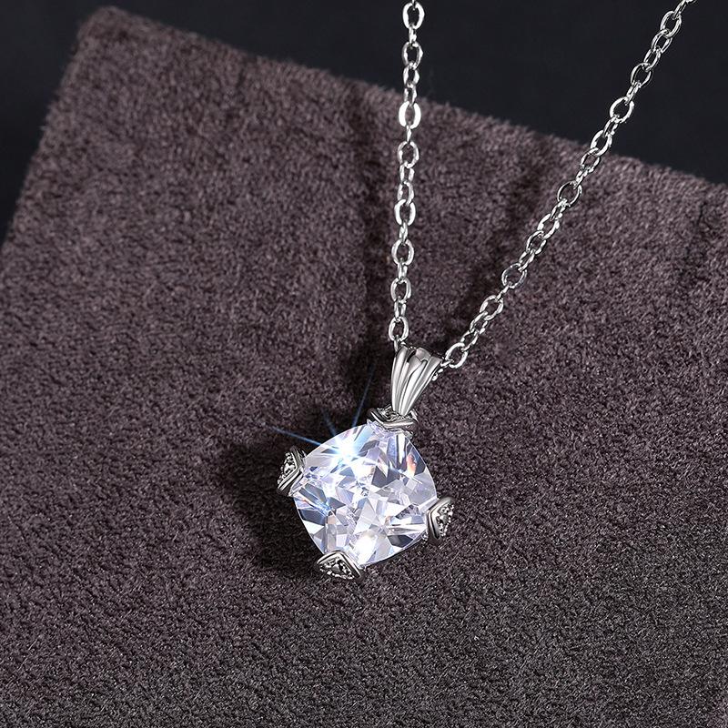 Silver Plated Square Cut Clear Zircon Pendant Necklace