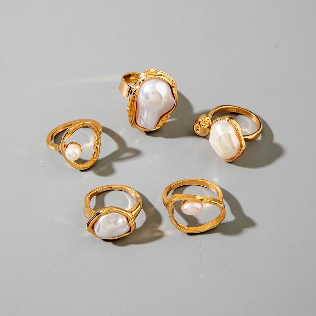 European and American design liquid lava flower opening ring ins baroque imitation pearl set gemstone ring