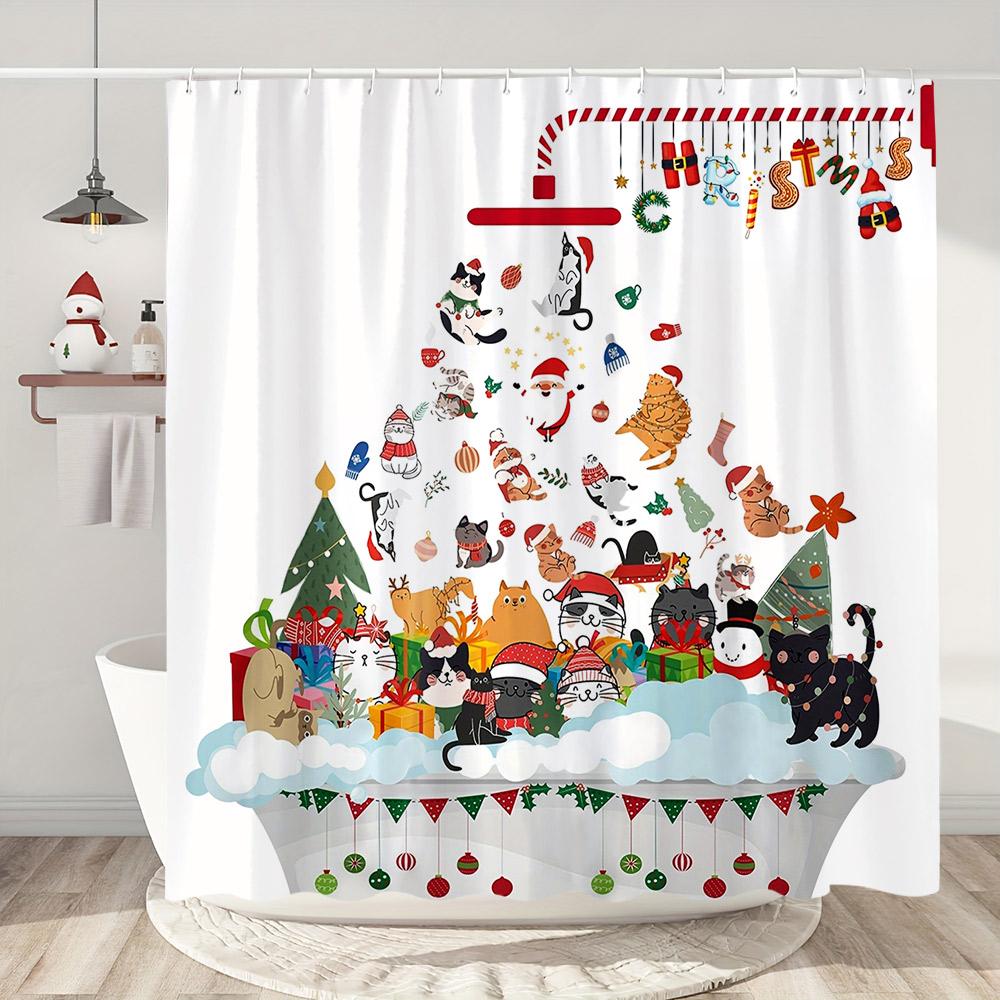 Snowman Christmas Shower Curtain Christmas Tree Gifts Red Bird Winter Snow Fabric Printed Bath Curtain Bathroom Decor With Hooks