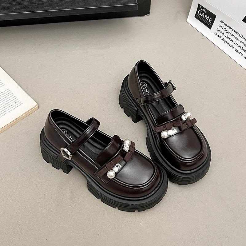 

Platform British style small leather shoes women s versatile single shoes bow one-word buckle Japanese jk shoes heightening thick heel loafers 40 коричневый