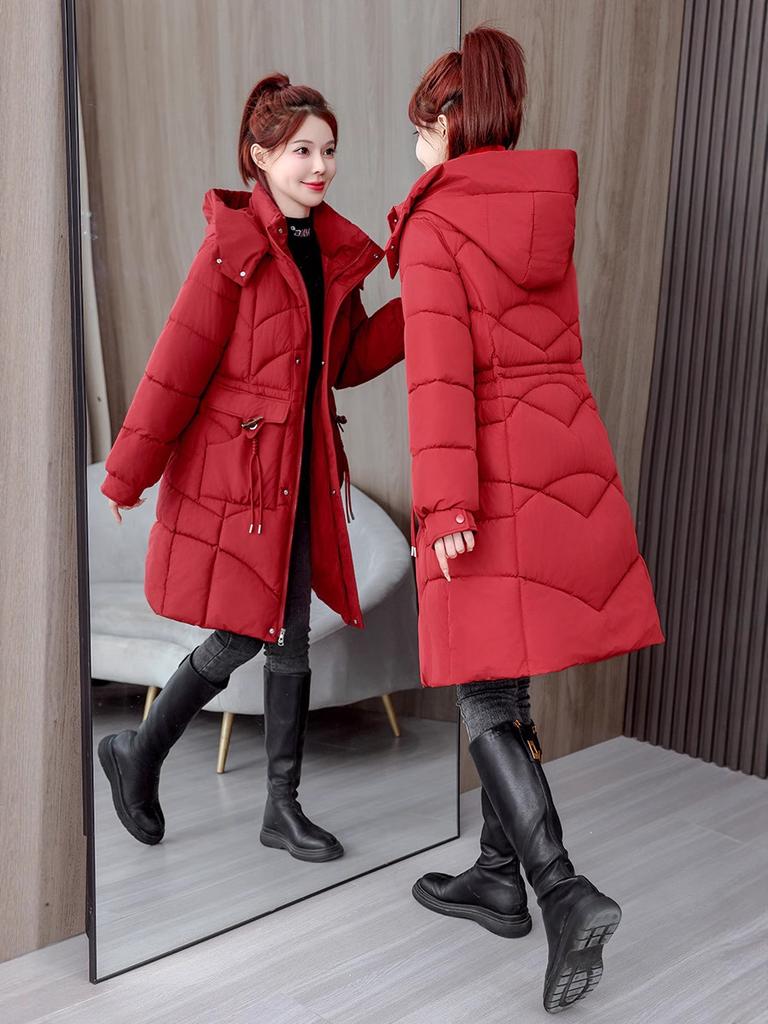 Medium and long cotton-padded clothes, new women's winter clothes, hooded drawstring waist cotton clothes, white, black and brown coat.