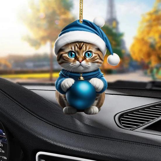 Christmas Cat Ornament Xmas Tree Decor Hanging Backpack Keychain Acrylic Holiday Accessory for Car Rearview Mirror Window Bag Key
