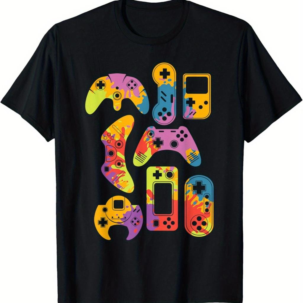 Retro Video Game Controller Print Graphic Tee Men Cotton Casual Short Sleeve Gaming T-Shirt Daily Wear