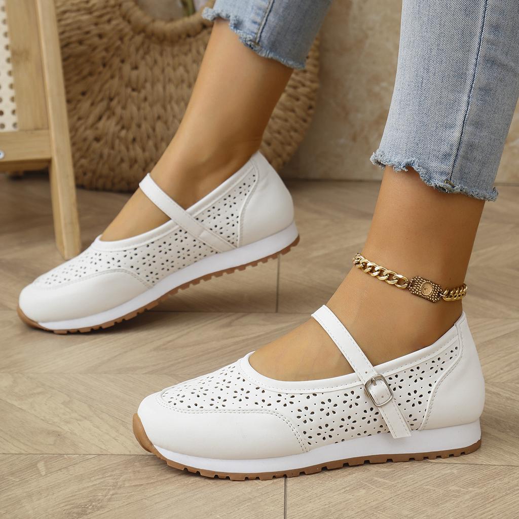 Summer Fashion Casual Single Shoes for Women 2025 New Hollow Solid Color Buckle Mesh Breathable Round Toe Work Shoes