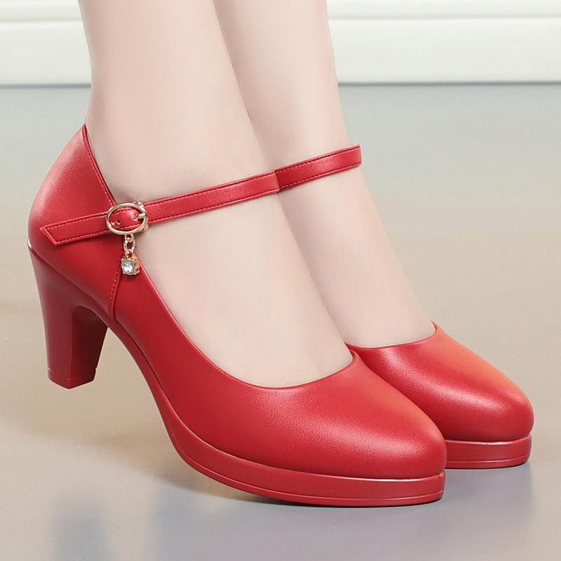 6.5cm Breathable Fashion Soft Leather Silver Red Wedding Shoes Woman Med Block Heels 2025 Platform Pumps Women for Office Mom