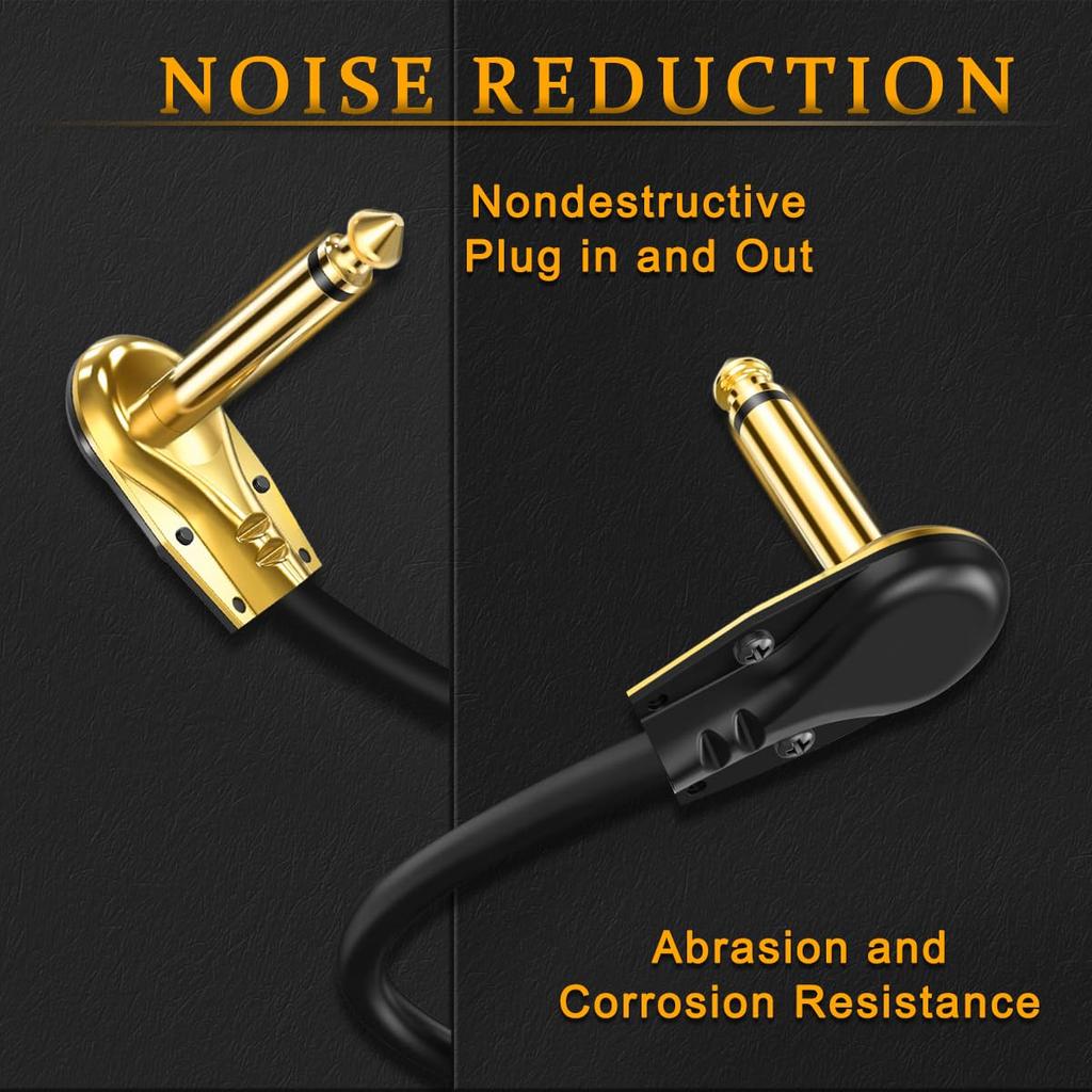 MKBKLLJY 3-Pack Guitar Patch Cables, 6-inch To 14-inch Right Angle, Gold Plated, Low Profile, Pancake Type, Noise-Free, Dual Shielded Drivers,