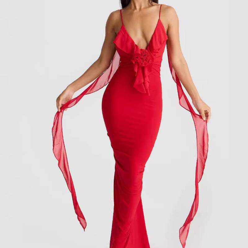 Sexy Backless Vneck Fish Tail Evening Dress With Splicing Fabric