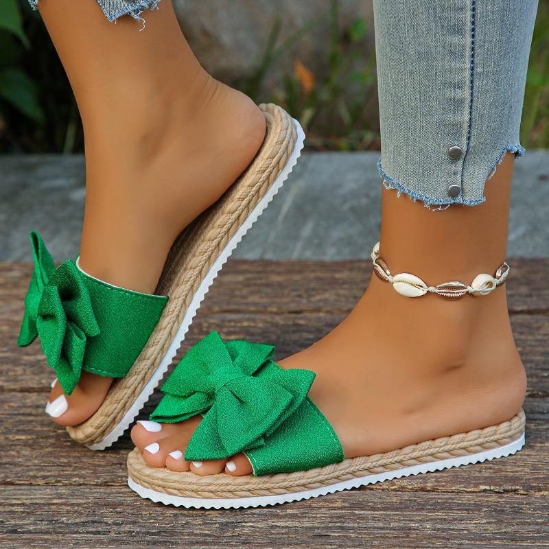 Women's Beige Bowknot Flat Slides - Stylish Open-Toe Non-Slip Summer Beach Sandals, Comfortable EVA Sole for Casual Attire