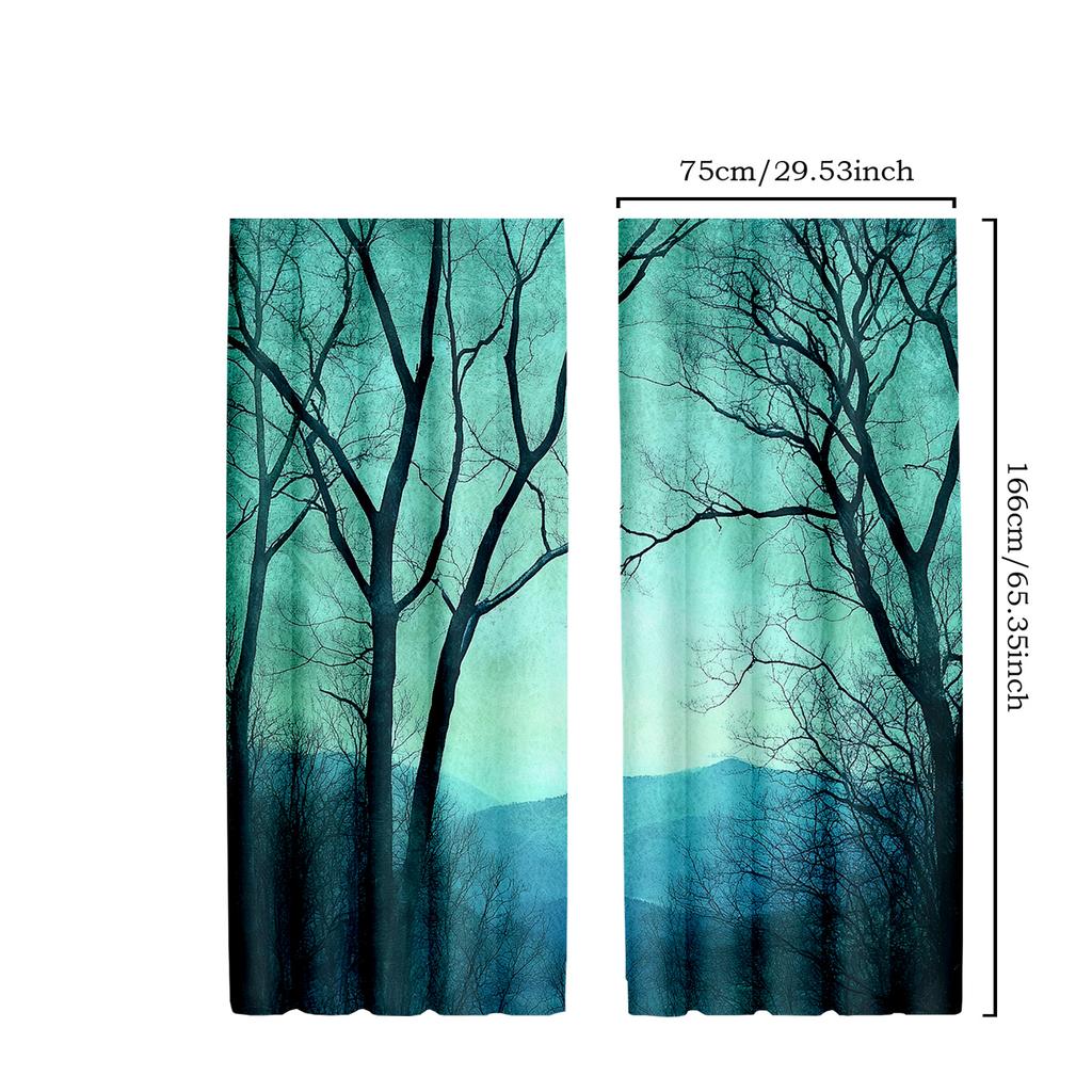 2pcs Forest Woodland Curtains with Summer Foliage Trees & Sun Rays Design, Scenic Polyester Window Drapes for Living Room & Bedr