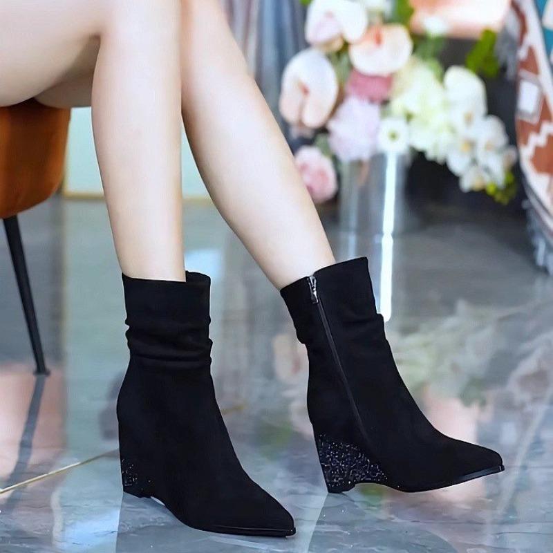 Fashion Side Zip Wedge Single Boots Fall New Pointed Toe Pleated Suede Anti-Slip Wear-Resistant Booties