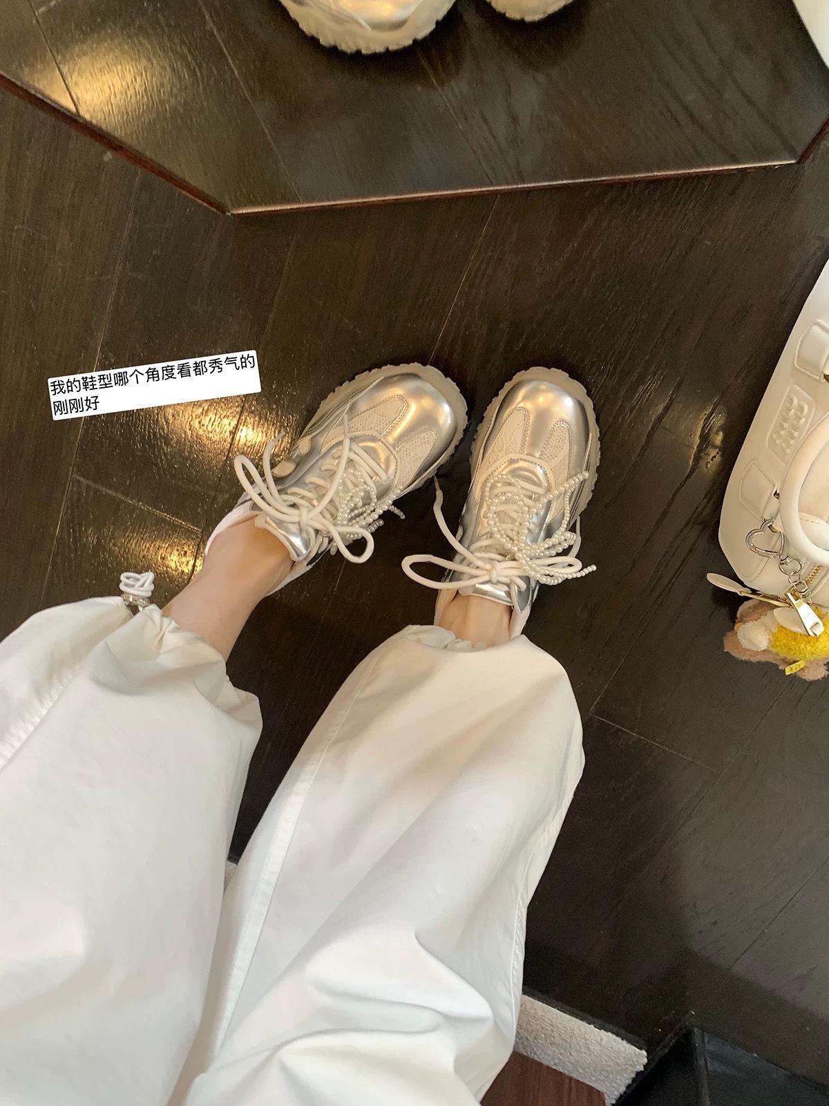 

Sheepskin version~ lace splicing casual style pearl belt inner height increase leather Forrest Gump shoes German training shoes women s thick ba 35