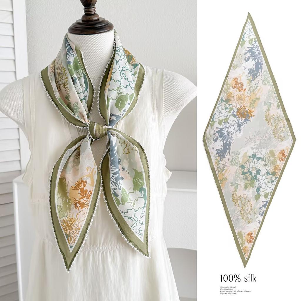 Spring new retro 111 mulberry silk silk scarf fashion temperament silk double crepe lace rhombus scarf accessories